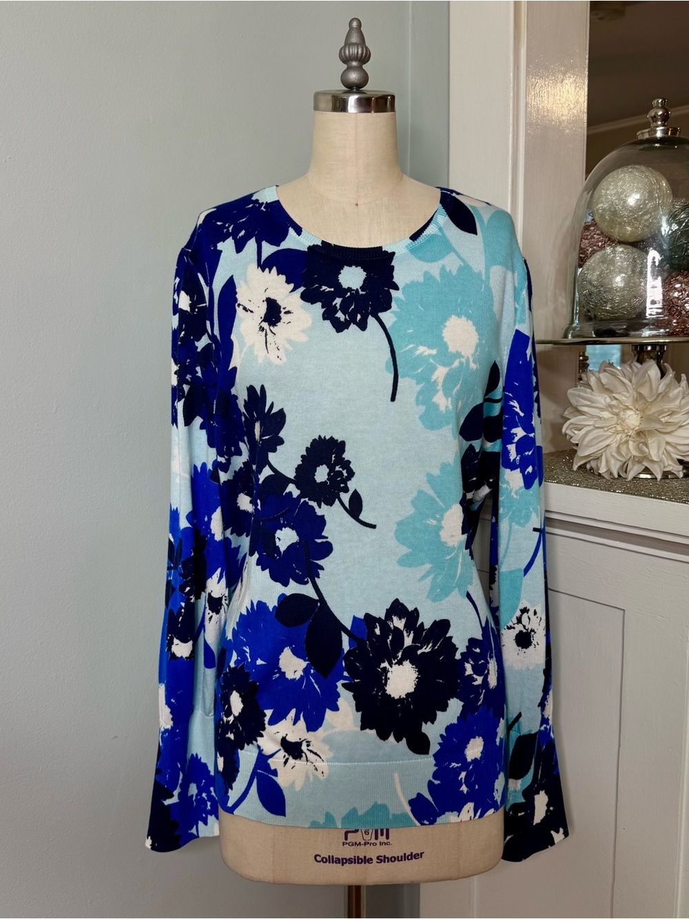 Talbots Blue Abstract Floral Puff Sleeve Sweater Lightweight Cotton Size XL - Picture 3 of 12